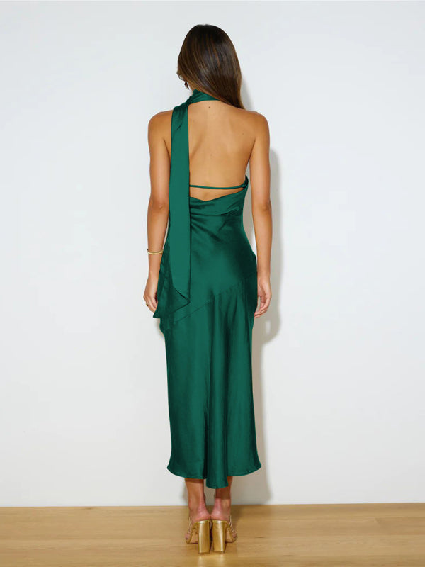 Darcy - Satin Backless Maxi Dress with Halter Neckline and Slit