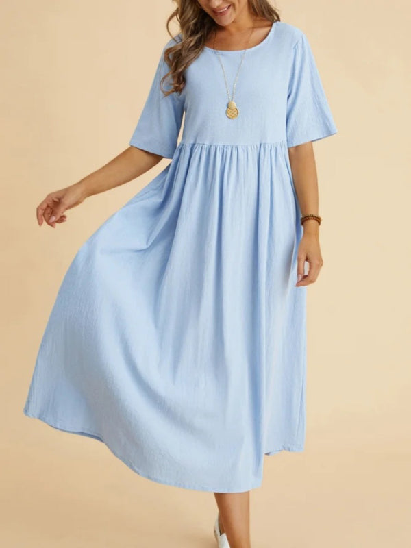 Cora - Loose Fit Midi Dress with Round Neck and Gathered Waist