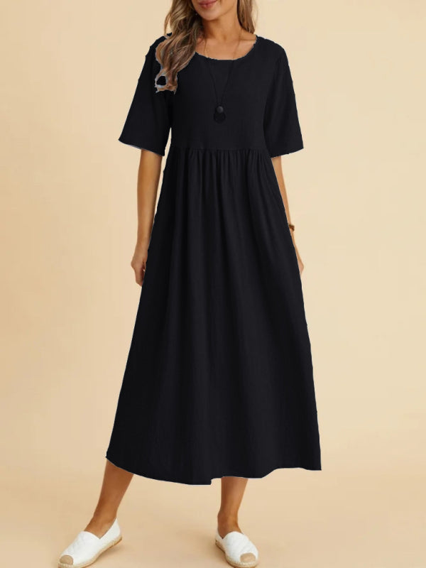 Cora - Loose Fit Midi Dress with Round Neck and Gathered Waist