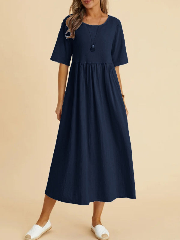 Cora - Loose Fit Midi Dress with Round Neck and Gathered Waist