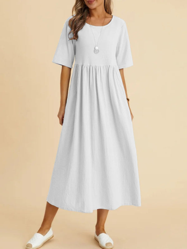 Cora - Loose Fit Midi Dress with Round Neck and Gathered Waist