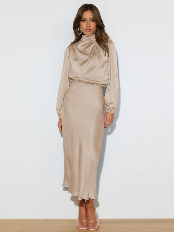 Jocelyn - High Neck Satin Maxi Dress with Long Sleeves