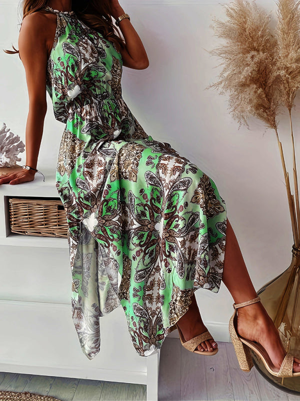 Estelle - Paisley Print Maxi Dress with Halter Neck and Waist Slit