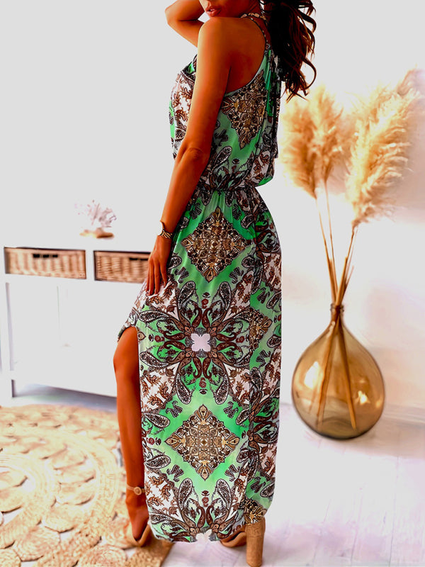 Estelle - Paisley Print Maxi Dress with Halter Neck and Waist Slit