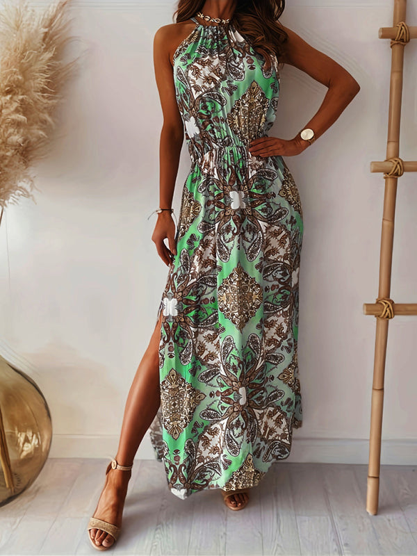 Estelle - Paisley Print Maxi Dress with Halter Neck and Waist Slit