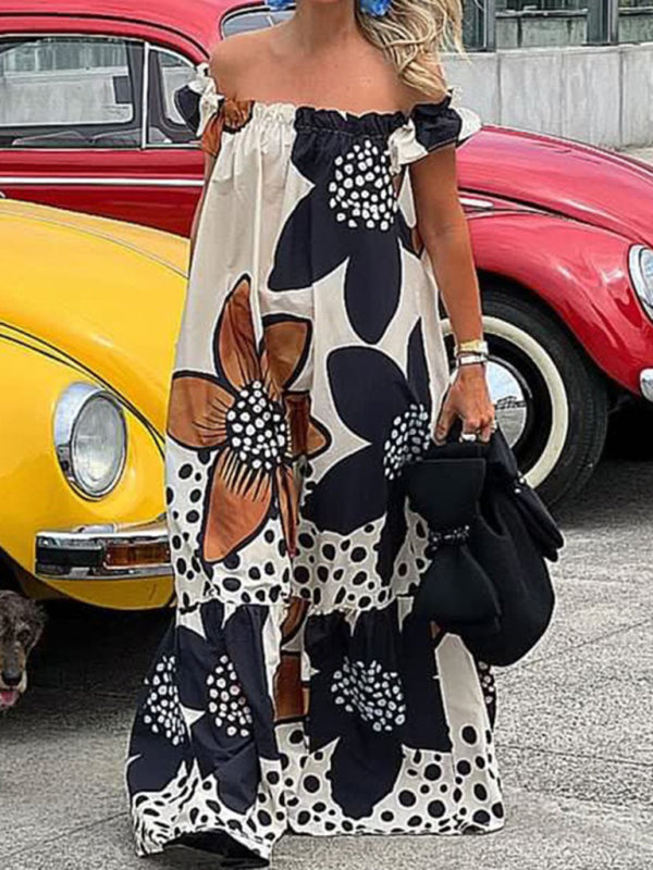 Kimberley - Off-Shoulder Maxi Dress with Floral Print and Polka Dot Accents