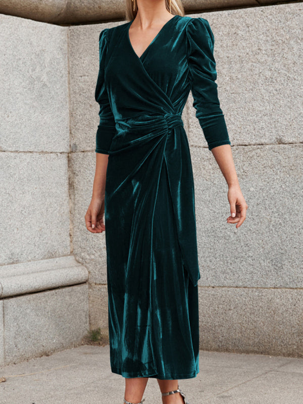 Clarissa - Velvet Wrap Evening Gown with Long Sleeves and Puffed Shoulders