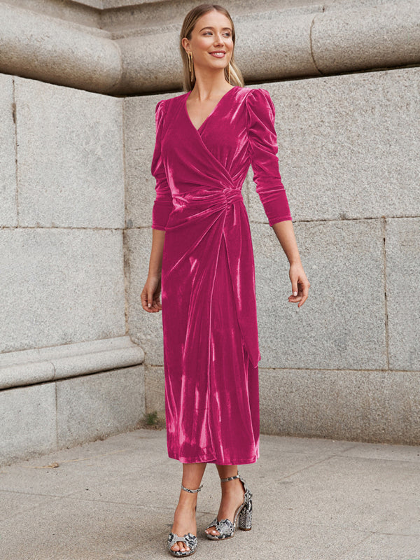 Clarissa - Velvet Wrap Evening Gown with Long Sleeves and Puffed Shoulders