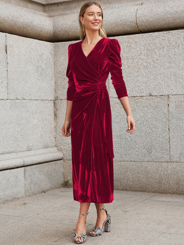 Clarissa - Velvet Wrap Evening Gown with Long Sleeves and Puffed Shoulders