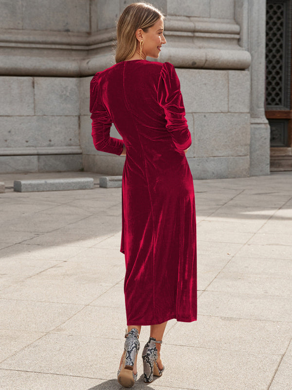 Clarissa - Velvet Wrap Evening Gown with Long Sleeves and Puffed Shoulders