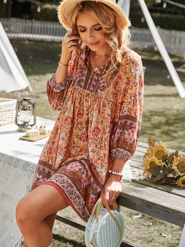 Ayla - Bohemian Floral Print Mini Dress