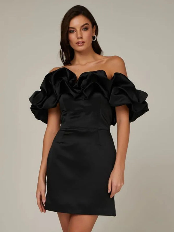 Helena - Ruffled Neckline Off-Shoulder Mini Dress with Fitted Silhouette