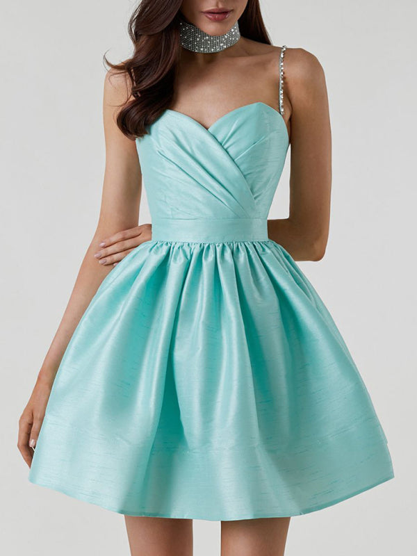 Lorelai - Sweetheart Neckline Mini Dress with Rhinestone Straps and Pleated Skirt