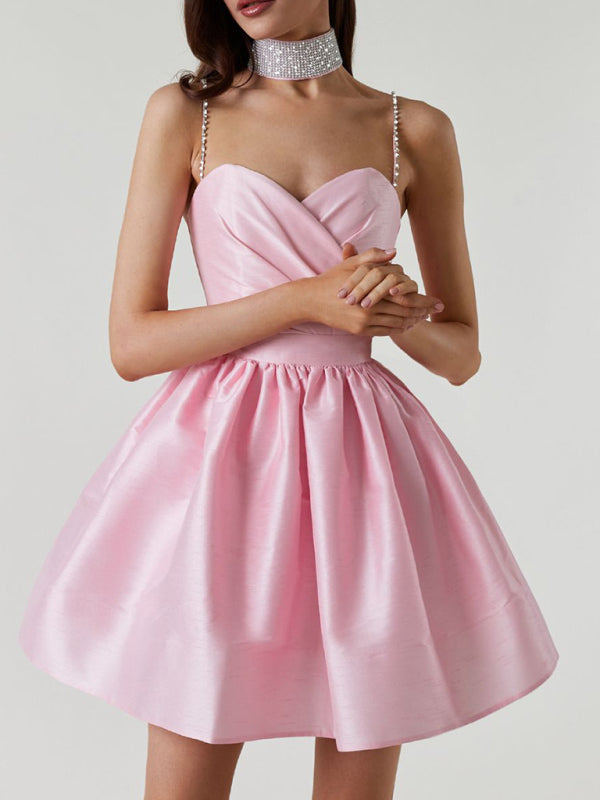 Lorelai - Sweetheart Neckline Mini Dress with Rhinestone Straps and Pleated Skirt