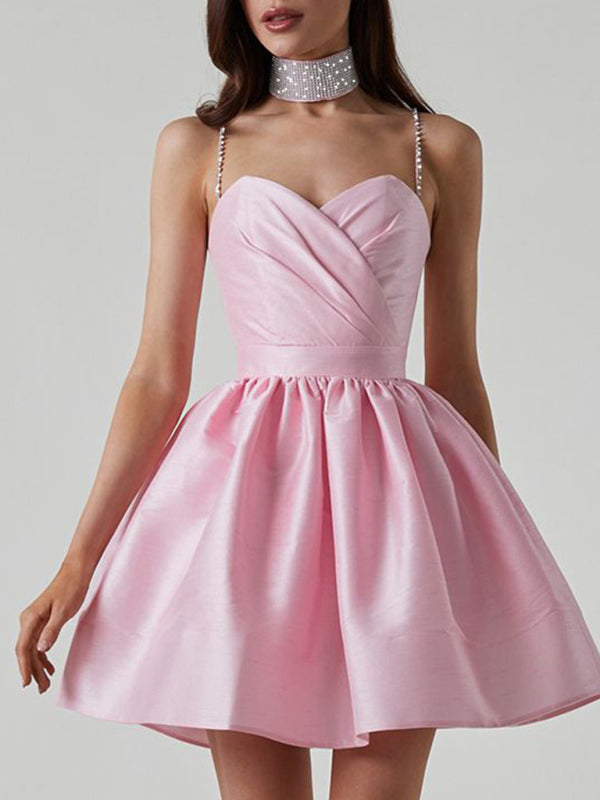 Lorelai - Sweetheart Neckline Mini Dress with Rhinestone Straps and Pleated Skirt