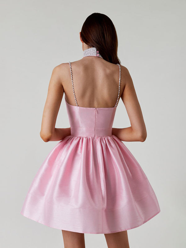 Lorelai - Sweetheart Neckline Mini Dress with Rhinestone Straps and Pleated Skirt