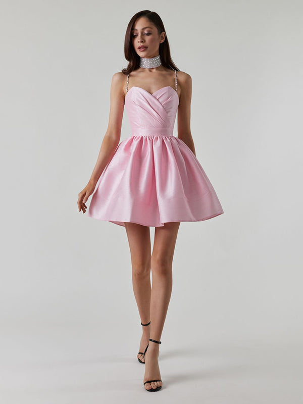 Lorelai - Sweetheart Neckline Mini Dress with Rhinestone Straps and Pleated Skirt