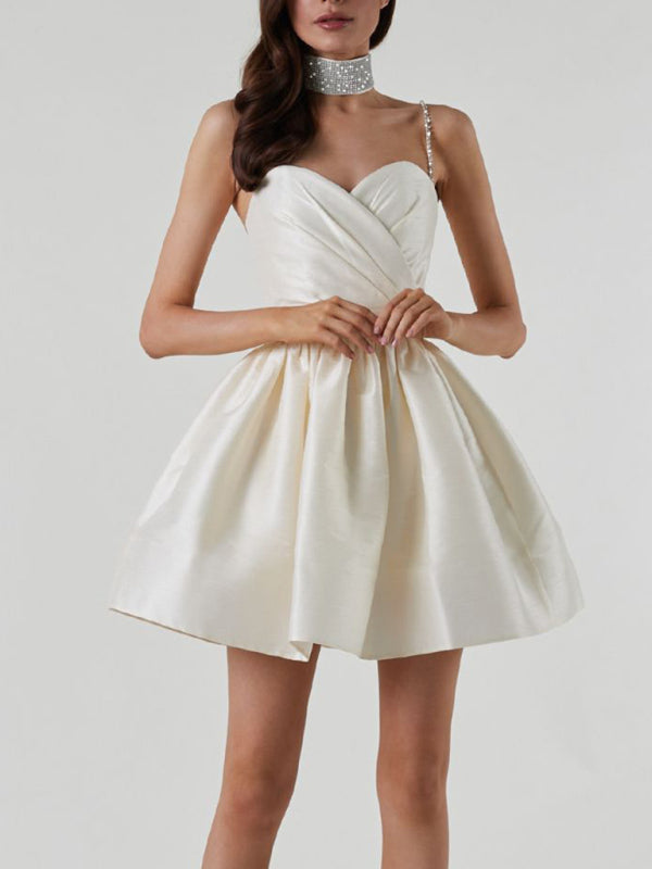 Lorelai - Sweetheart Neckline Mini Dress with Rhinestone Straps and Pleated Skirt