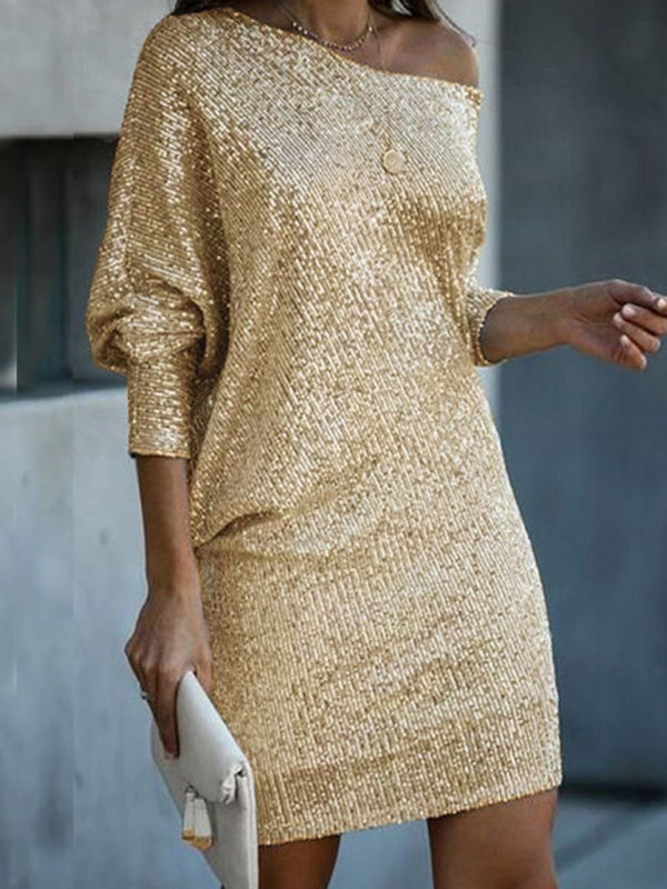 Mariah - Sequin Mini Dress with Oblique Shoulder and Long Sleeves