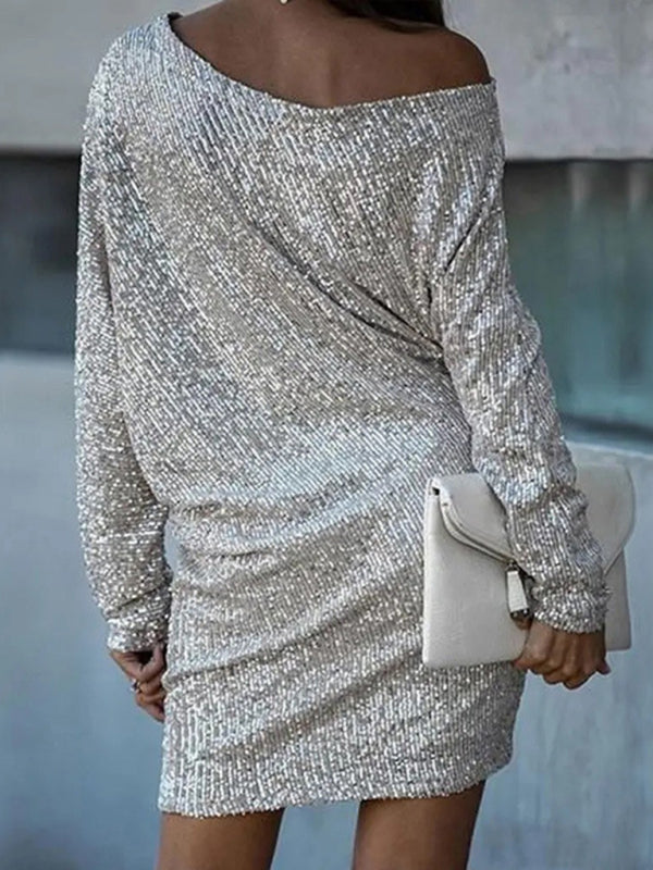 Mariah - Sequin Mini Dress with Oblique Shoulder and Long Sleeves