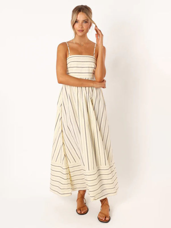 Jade - Striped Maxi Dress with Sleeveless Backless Design