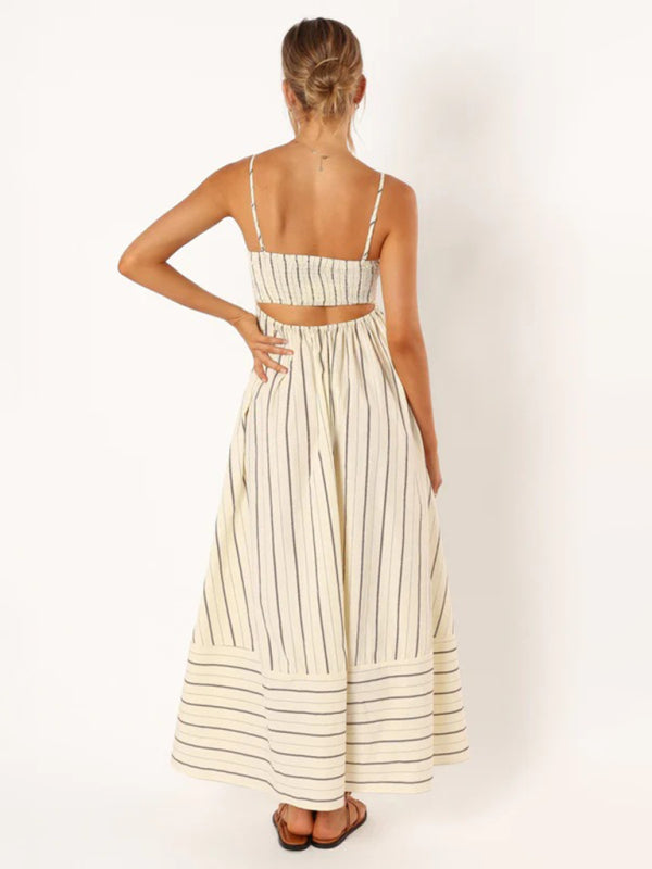 Jade - Striped Maxi Dress with Sleeveless Backless Design