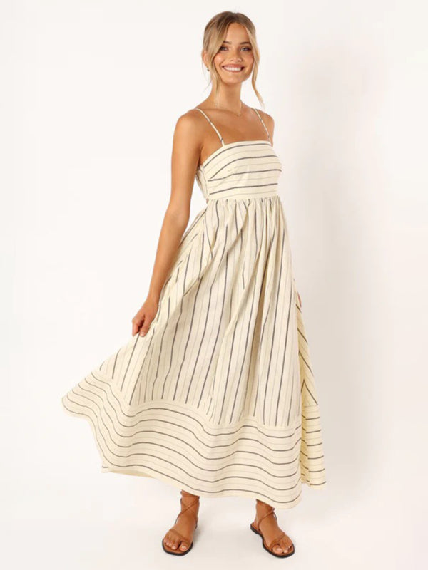 Jade - Striped Maxi Dress with Sleeveless Backless Design