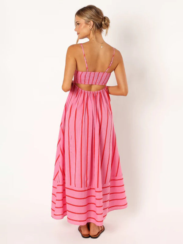 Jade - Striped Maxi Dress with Sleeveless Backless Design