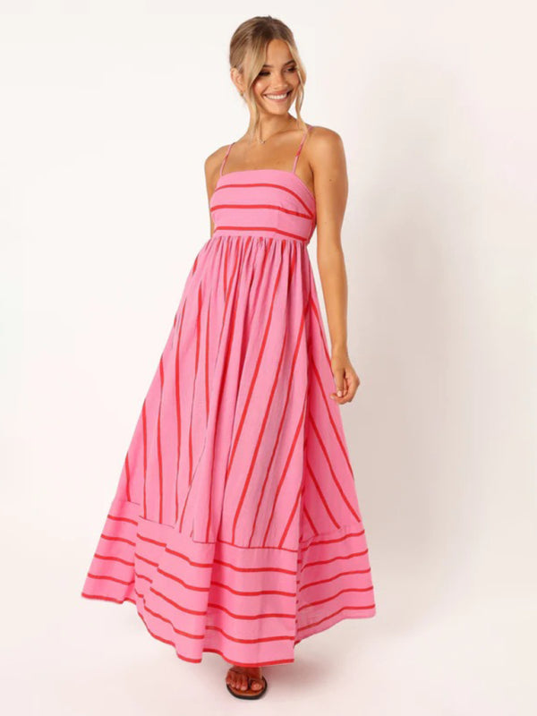 Jade - Striped Maxi Dress with Sleeveless Backless Design