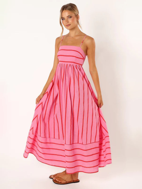 Jade - Striped Maxi Dress with Sleeveless Backless Design