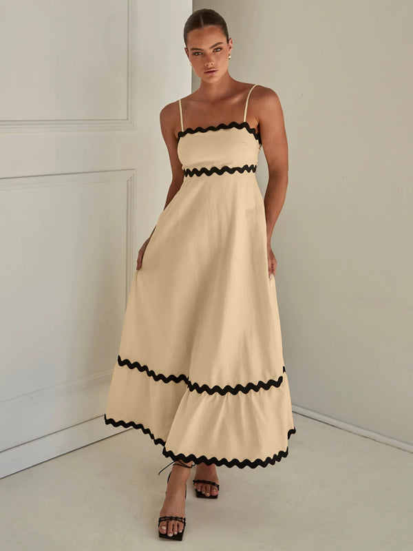 Capri - Wavy Trim Maxi Dress with Spaghetti Straps and A-line Silhouette