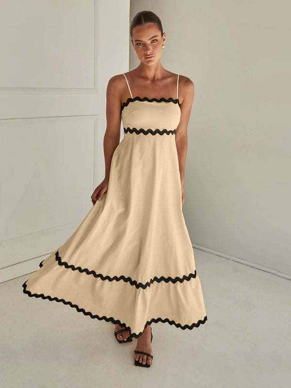 Capri - Wavy Trim Maxi Dress with Spaghetti Straps and A-line Silhouette