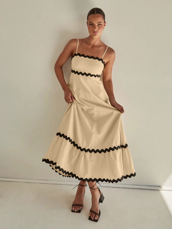 Capri - Wavy Trim Maxi Dress with Spaghetti Straps and A-line Silhouette