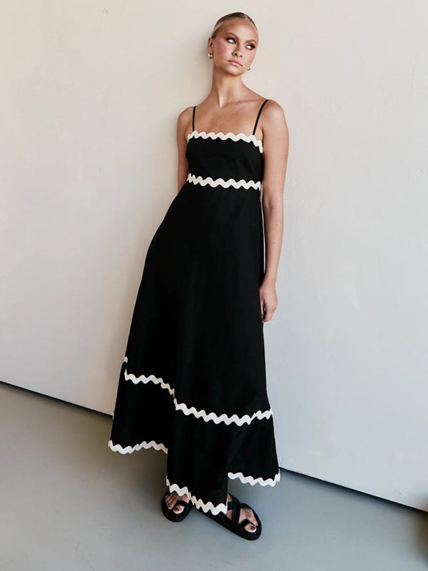 Capri - Wavy Trim Maxi Dress with Spaghetti Straps and A-line Silhouette