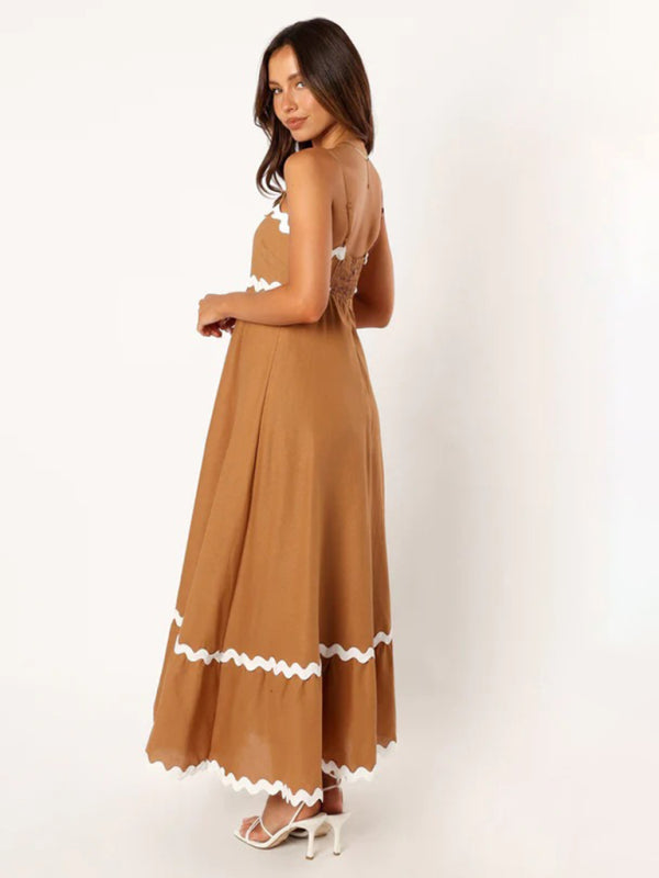 Capri - Wavy Trim Maxi Dress with Spaghetti Straps and A-line Silhouette