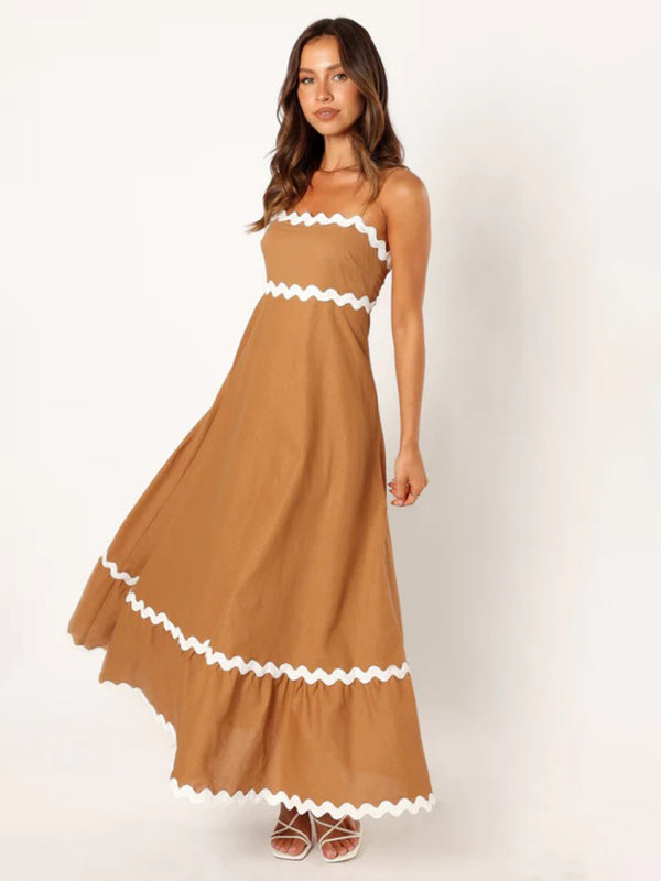 Capri - Wavy Trim Maxi Dress with Spaghetti Straps and A-line Silhouette