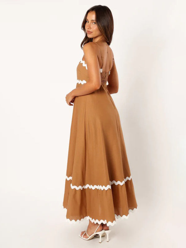 Capri - Wavy Trim Maxi Dress with Spaghetti Straps and A-line Silhouette