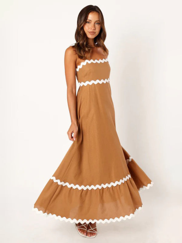 Capri - Wavy Trim Maxi Dress with Spaghetti Straps and A-line Silhouette