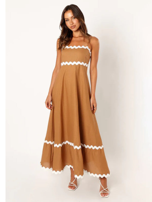 Capri - Wavy Trim Maxi Dress with Spaghetti Straps and A-line Silhouette