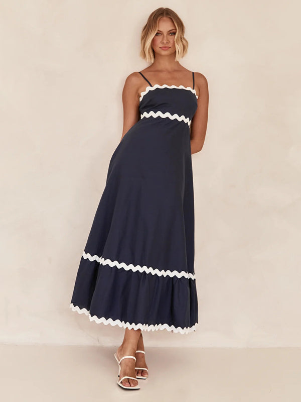 Capri - Wavy Trim Maxi Dress with Spaghetti Straps and A-line Silhouette