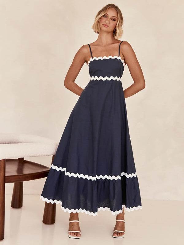 Capri - Wavy Trim Maxi Dress with Spaghetti Straps and A-line Silhouette