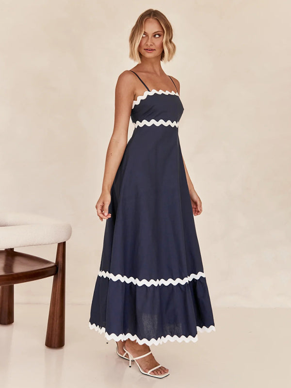 Capri - Wavy Trim Maxi Dress with Spaghetti Straps and A-line Silhouette