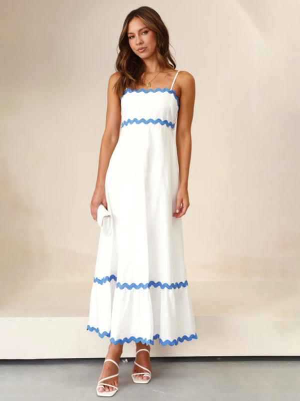 Capri - Wavy Trim Maxi Dress with Spaghetti Straps and A-line Silhouette