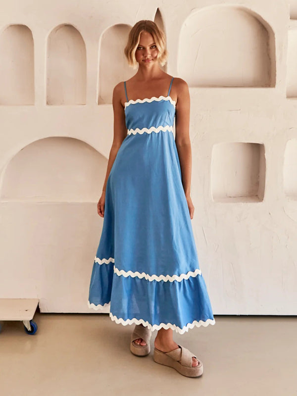 Capri - Wavy Trim Maxi Dress with Spaghetti Straps and A-line Silhouette