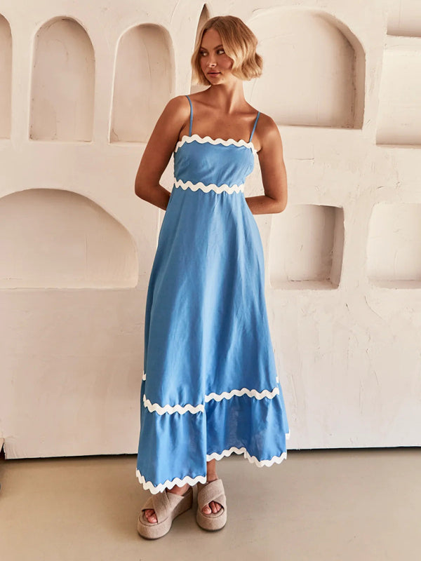 Capri - Wavy Trim Maxi Dress with Spaghetti Straps and A-line Silhouette