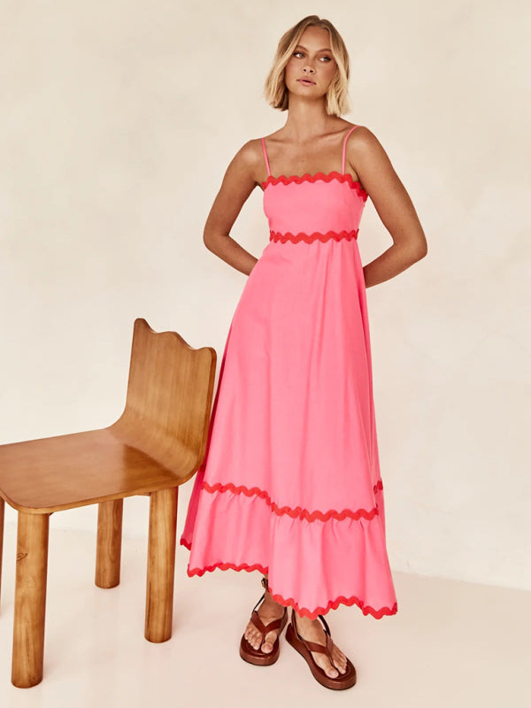 Capri - Wavy Trim Maxi Dress with Spaghetti Straps and A-line Silhouette