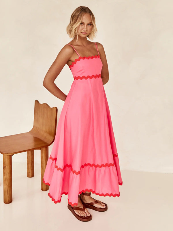 Capri - Wavy Trim Maxi Dress with Spaghetti Straps and A-line Silhouette