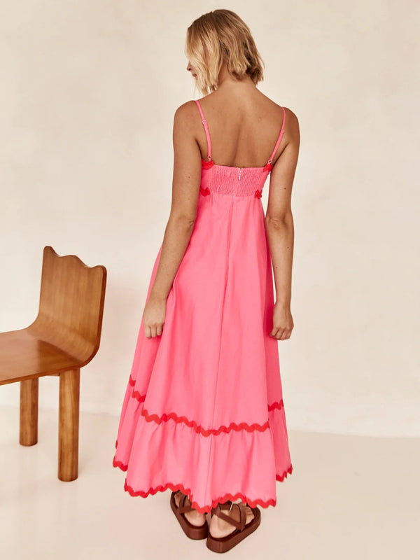 Capri - Wavy Trim Maxi Dress with Spaghetti Straps and A-line Silhouette