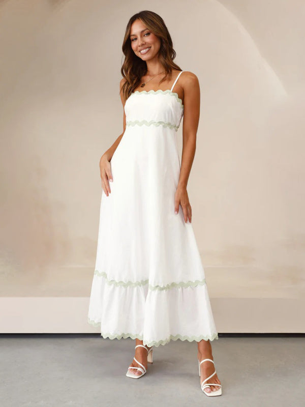 Capri - Wavy Trim Maxi Dress with Spaghetti Straps and A-line Silhouette