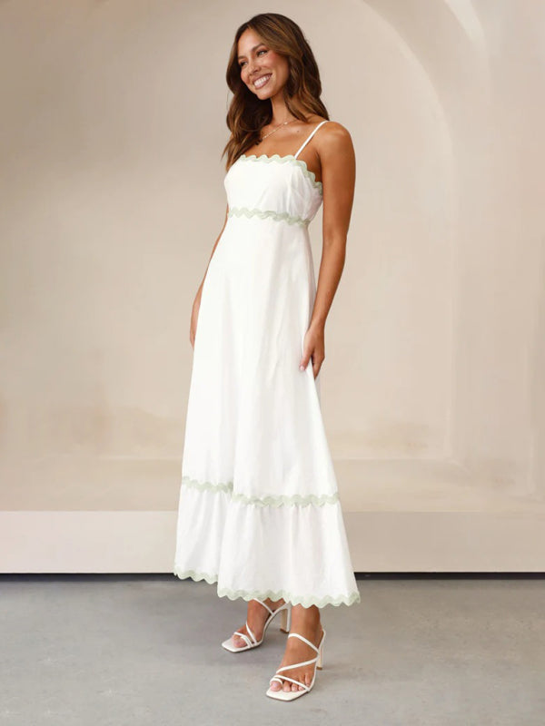 Capri - Wavy Trim Maxi Dress with Spaghetti Straps and A-line Silhouette